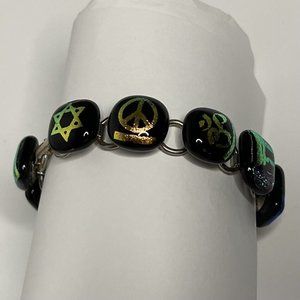 Coexist Peace Bracelet Religious Symbols Dichroic Glass Metallic Iridescent Foil